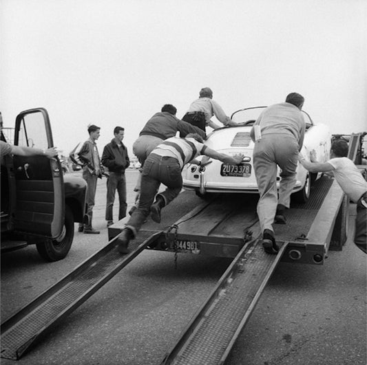 James Dean Pushing Porsche at Car Rally